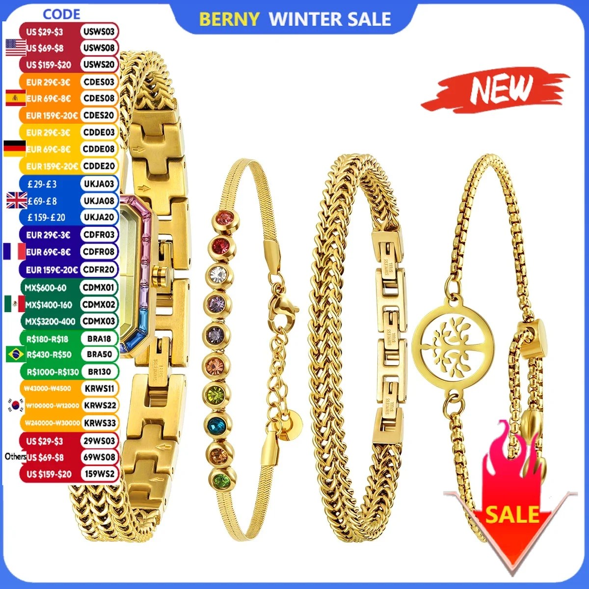 

BERNY Women Rectangle Wristwatch Gold Quartz Fashion Jewelry Bracelet Set Minimalist Watch Multicolored Stone Ladies Watches