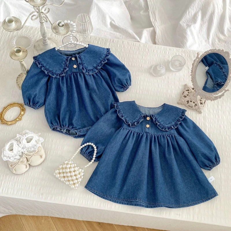 Spring 26 New Girls' Baby Dress Fashionable Collar Long Sleeve Solid Denim Fart Wrap Dress Sisters Dress