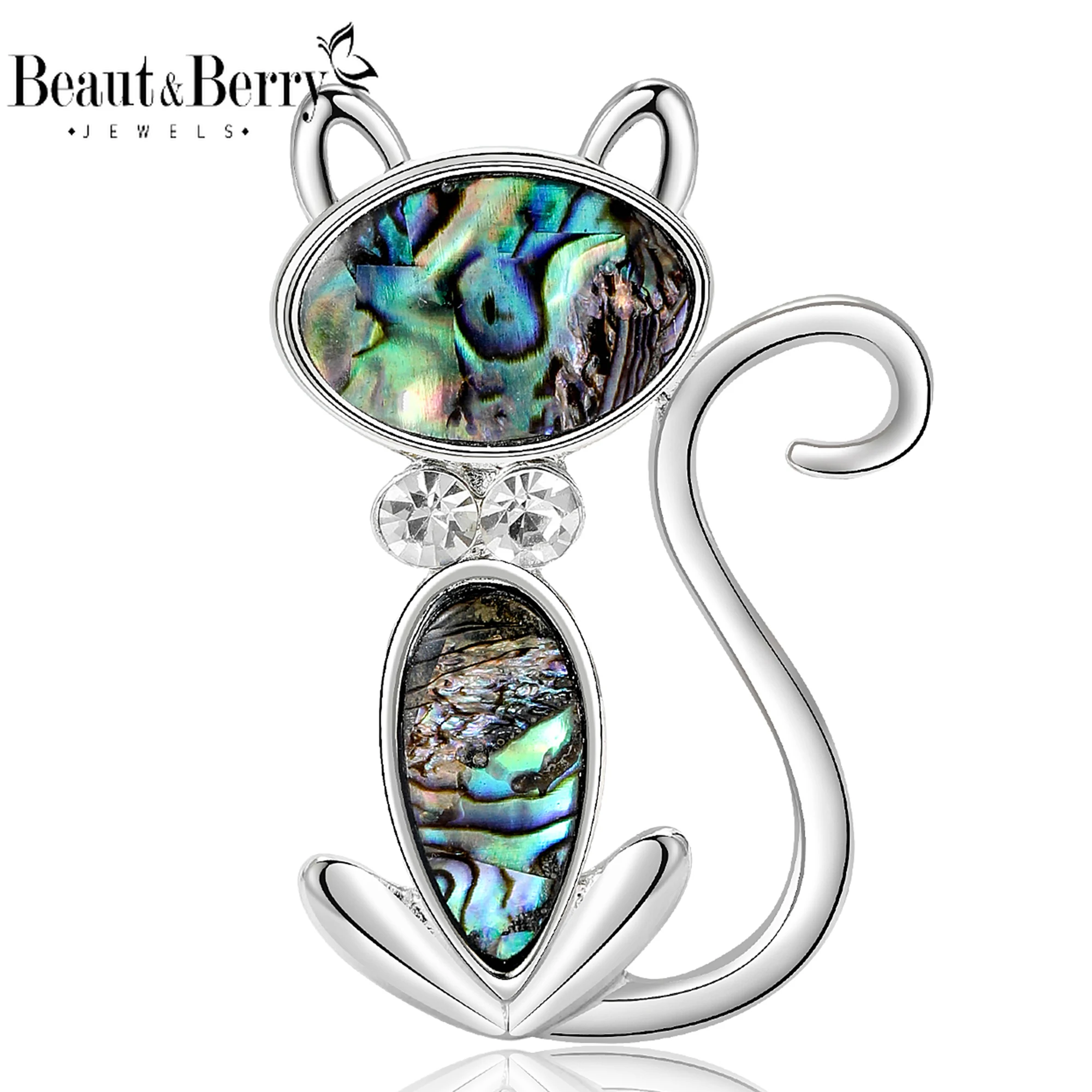 

Beaut&Berry Vintage Enamel Abalone Shell Cat Brooches for Women Unisex Animal Pins Casual Party Accessories New Gifts Friends
