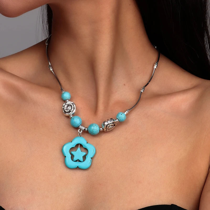 Aihua Böhmen Türkis Stein Herz Halskette für Frauen Halsband Collier Femme Ethnische Tibetischen Silber Halsketten Aussage Schmuck – Detail 10