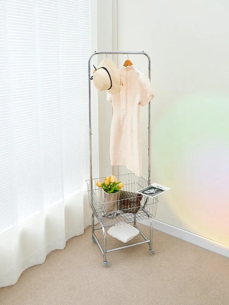 Clothing store display rack with movable wheels, floor to ceiling clothes rack with basket, live broadcast room, photography