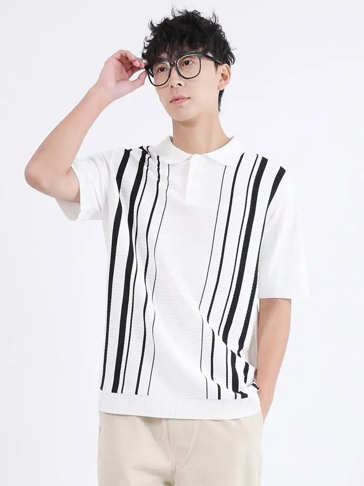 Silky Ice Cool Knitted Polo Shirts For Men Short Sleeve Striped Summer Quality Viscose Blend Elastic Loose Fit Camisas De Hombre