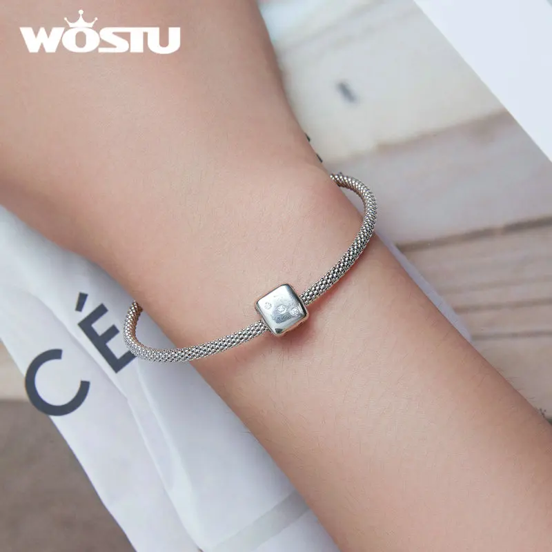 WOSTU Real 925 Sterling Silver Lucky Dice Beads Square AAA Shiny Zircon Charm Fit Original Bracelet Bangle DIY Jewelry Making