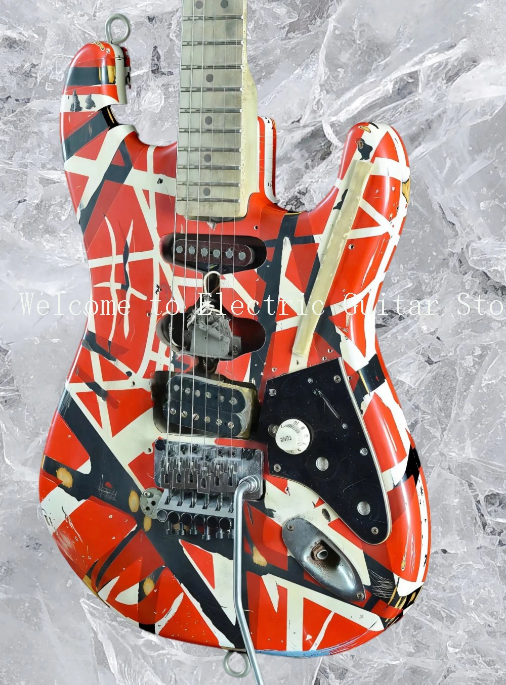 HeavyFranken Stein Electric Guitar White Black Stripe Red, Floyd Rose TremoloBridge & Locking Nut, Special Strap Button #ASP654