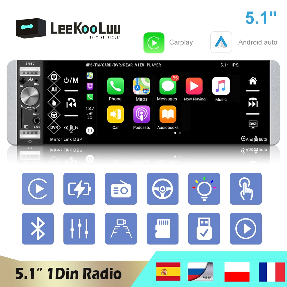 

LeeKooLuu 1 Din Car Radio 5.1 inch Autoradio Stereo In-dash 1Din FM Microphone Carplay Android Auto Bluetooth MP5 Video Player