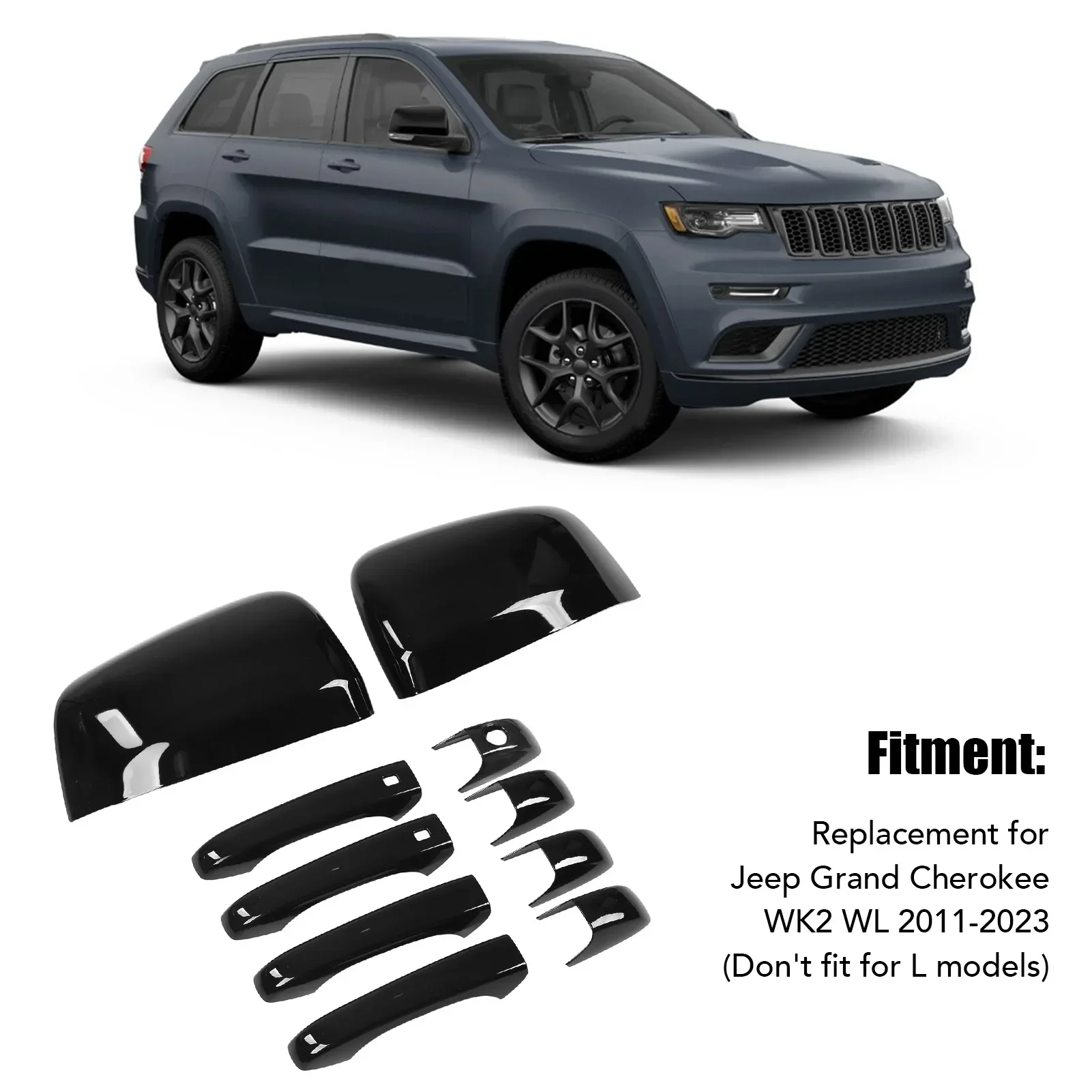 

Car Outside Door Handle Cover Trim Bright Black Rearview Mirror Cover Cap Replacement For Jeep Grand Cherokee WK2 WL 2011-2023