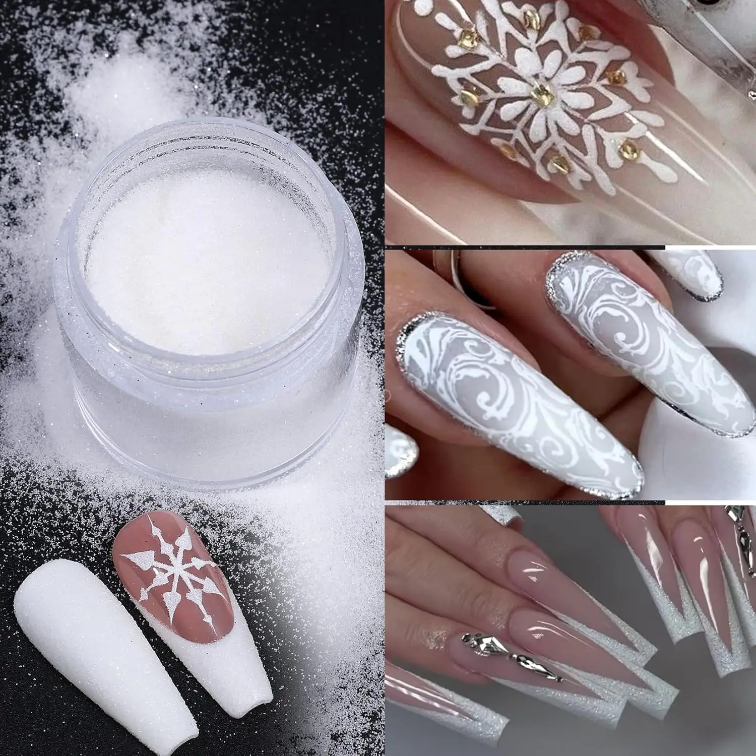 4pcs Sugar Glitter Nail Powder Set White Black Candy Coat Effect Fine Dipping Shiny Shimmer Pigment for Manicure Supplies
