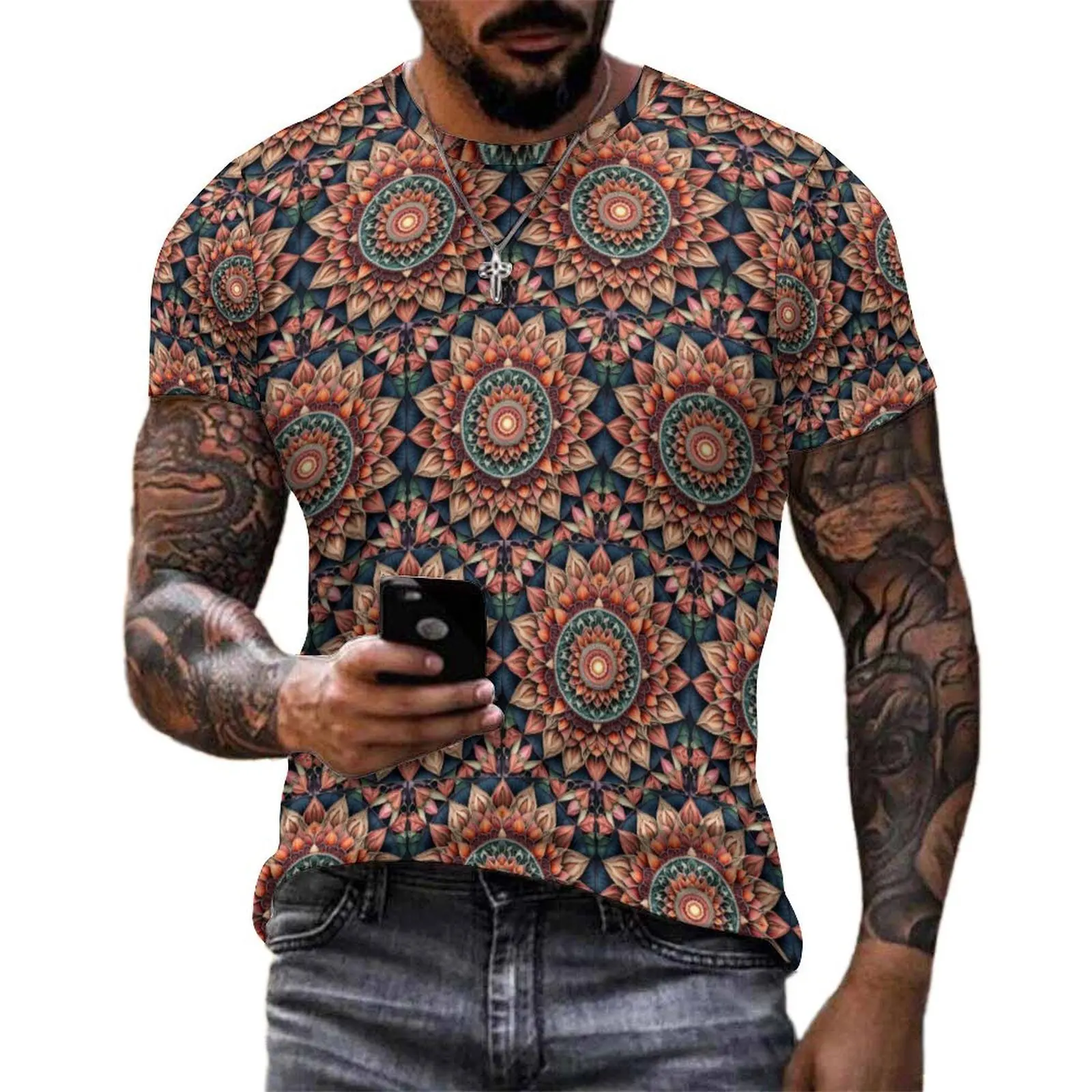 Retro Earth Tone Mandala T Shirt Couple  Basic T-Shirts Summer Fashion Tee Shirt Short-Sleeve Graphic Oversized Clothing