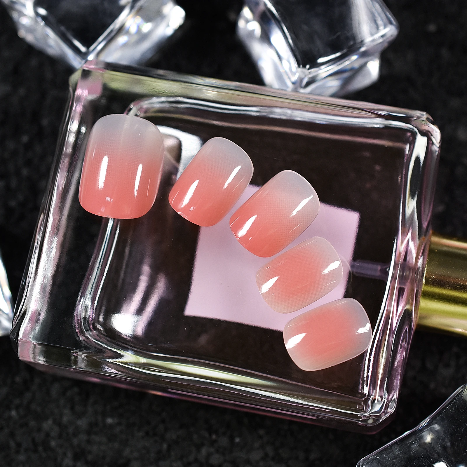 Press on Nails White Pink Graident Fake Nail Short Square Glossy Powder Blusher False Nails Gift for Girls Women Dating 24Pcs