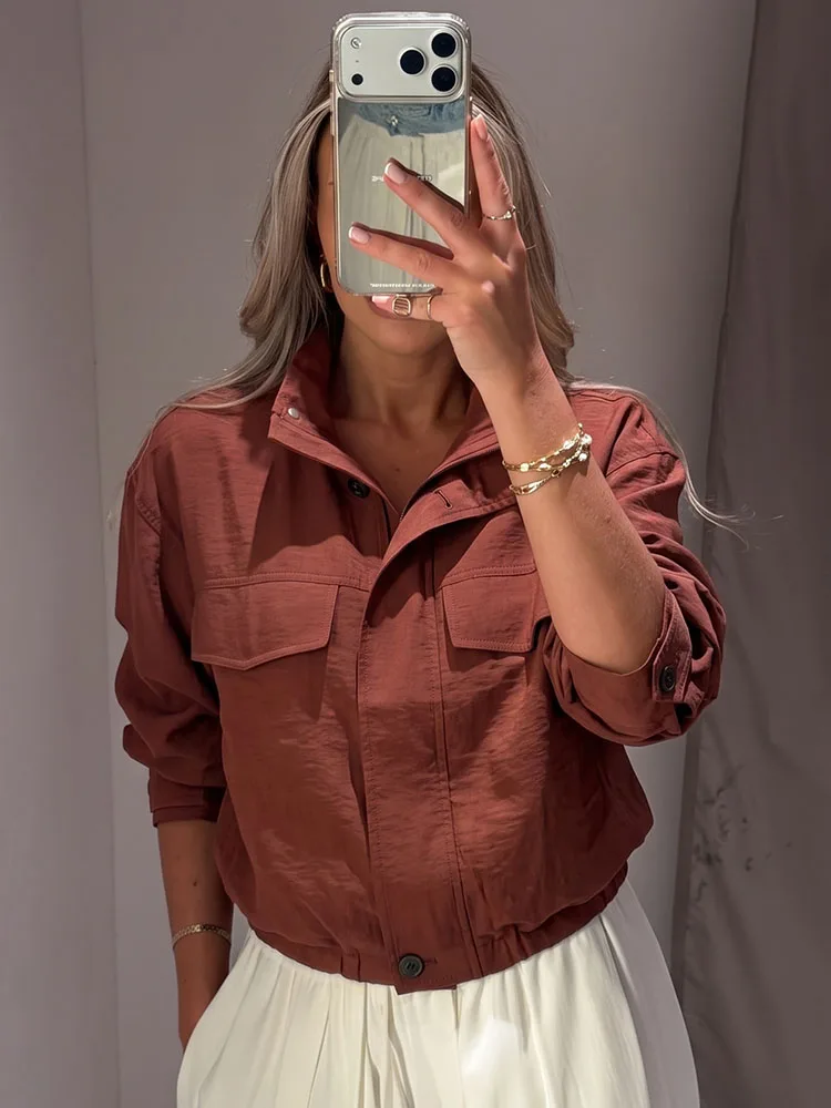 

HH Women Summer Minimalist Cropped Jacket Stand Collar Button Front Elastic Hem Brown Long Sleeve For Travel Daily Casual Party