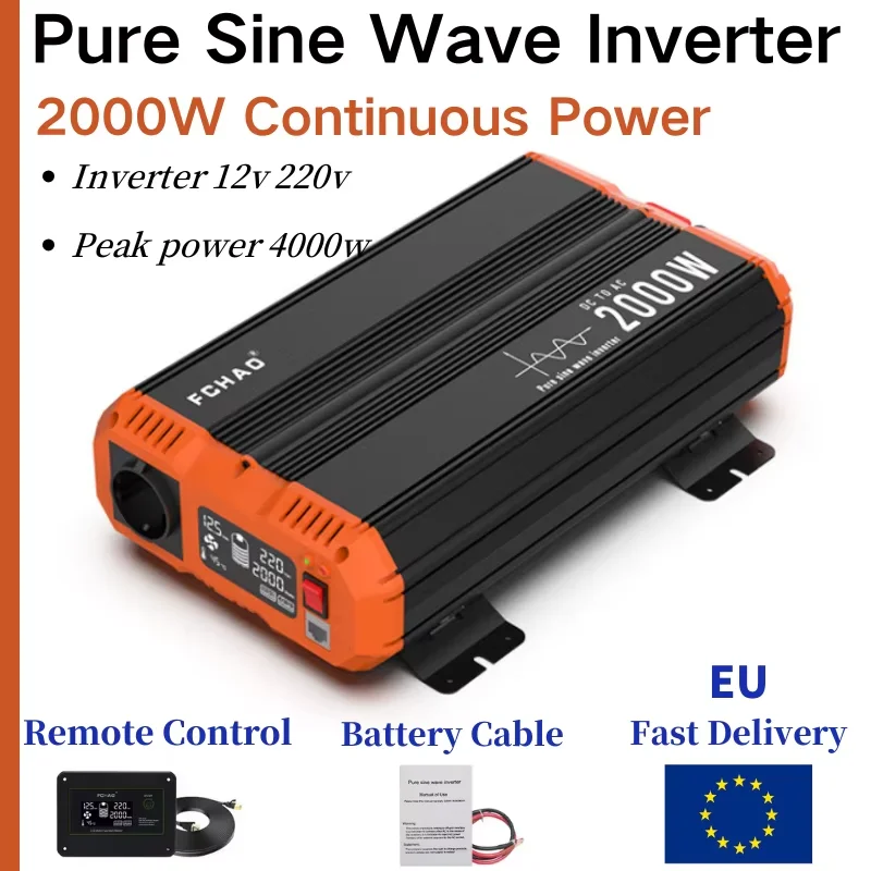 FCHAO 2000W 12VDC Przetwornica Samochodowa Czysta Sinusoida 230VAC Wyjście do Kampera RV z Wyświetlaczem