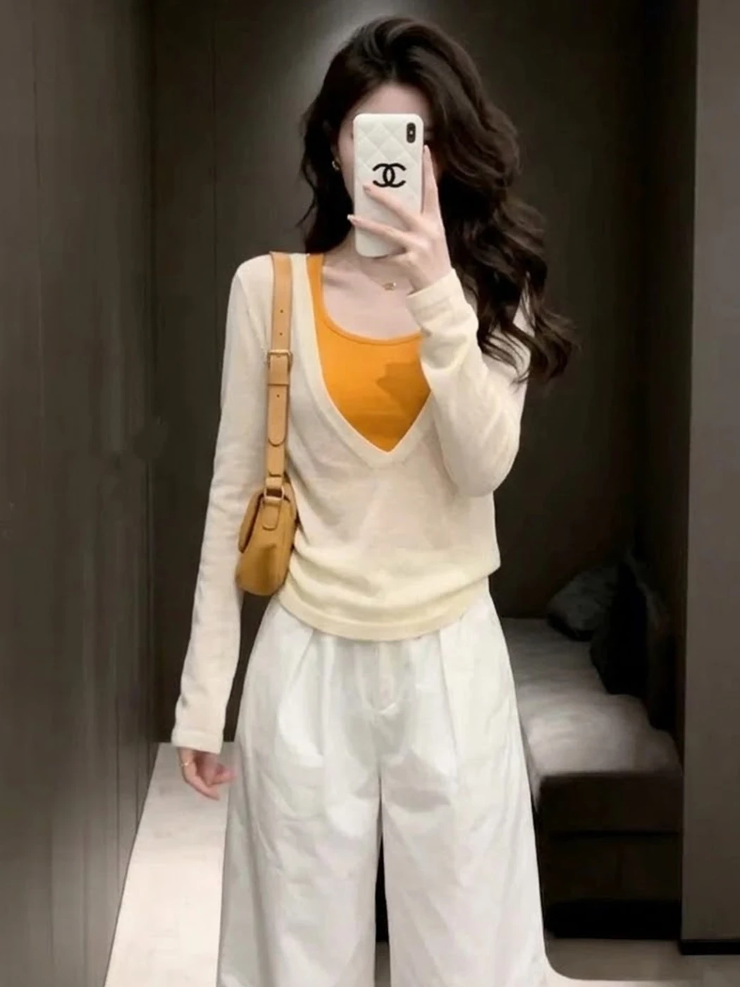 

Women's Summer Sun Protection V-Neck Long Sleeve Thin Set Orange Inner Vest Two-Piece Set Top Fashionable Loose Style
