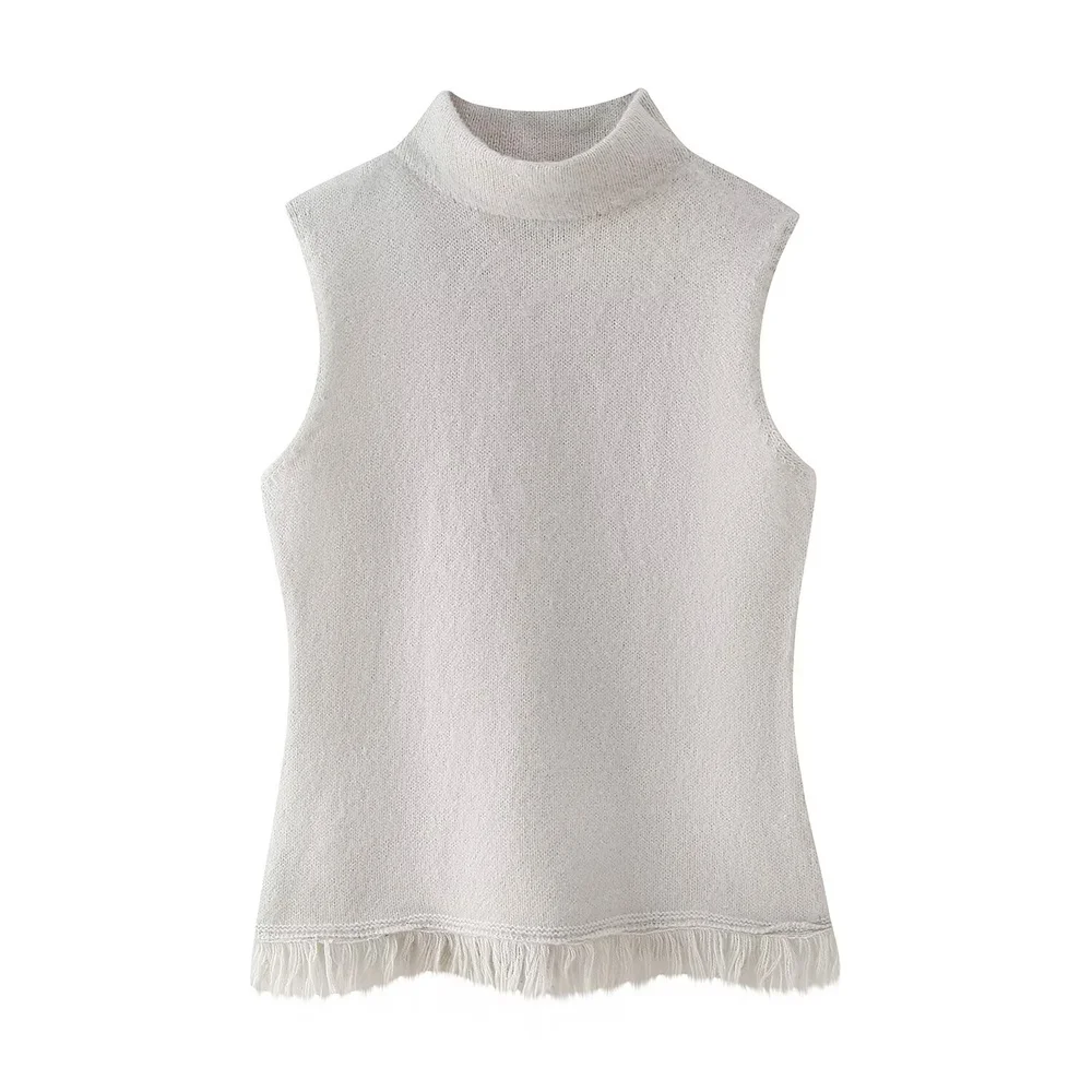 

Zach Ailsa women's tassel embellished stand up collar sleeveless knit top for spring, new minimalist style vest