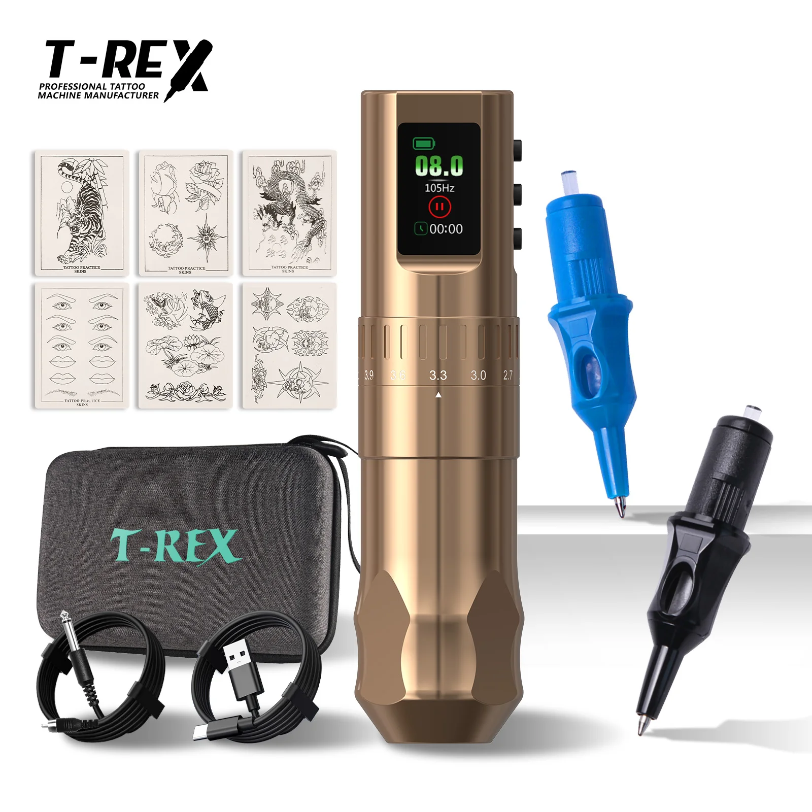 مجموعة مسدس الوشم T-Rex مجموعة الوشم ماكينة رسم الوشم التجميلي اللاسلكية الكاملة 1600 مللي أمبير في الساعة قوة قابلة للتعديل 7 أنواع من مجموعة المبتدئين في رحلة السفر