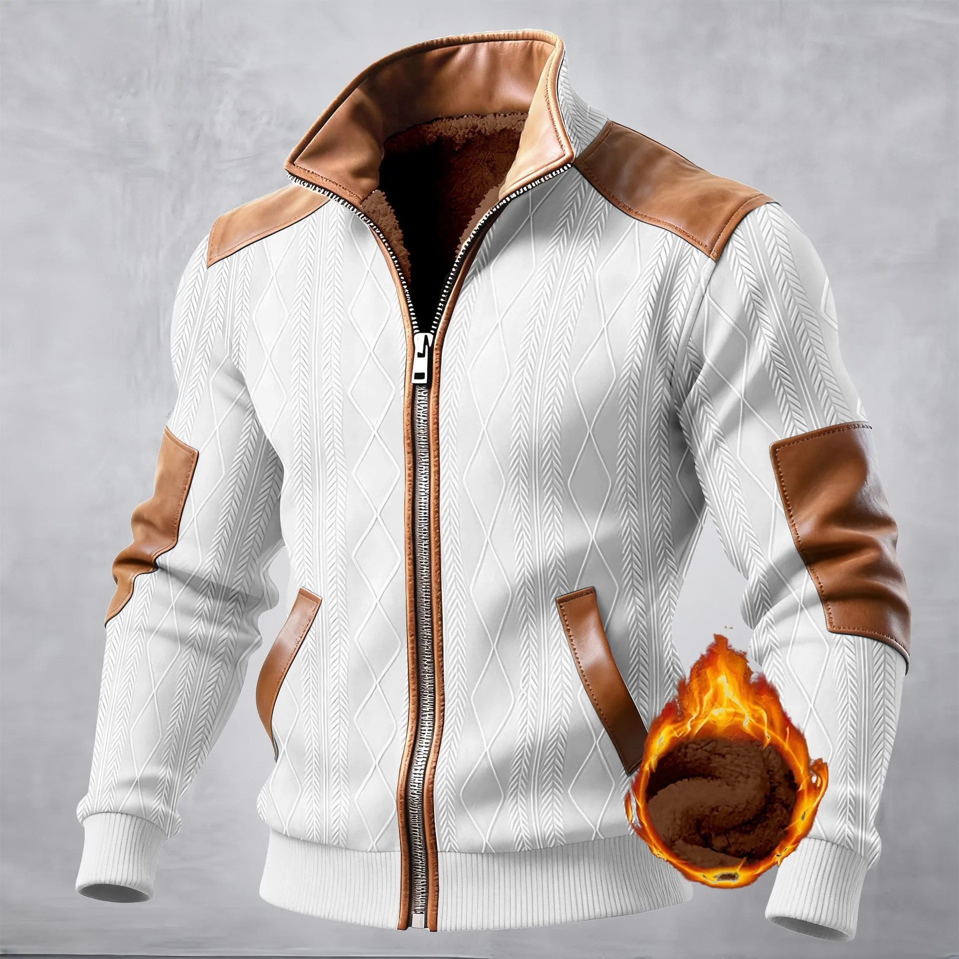 Winterjacke für Herren mit dickem Sherpa-Futter, Reißverschluss, geprägtem Jacquard-Gewebe, PU-Einsätzen, Stehkragen, Vintage-Casual-Oberbekleidung. – Detail 6