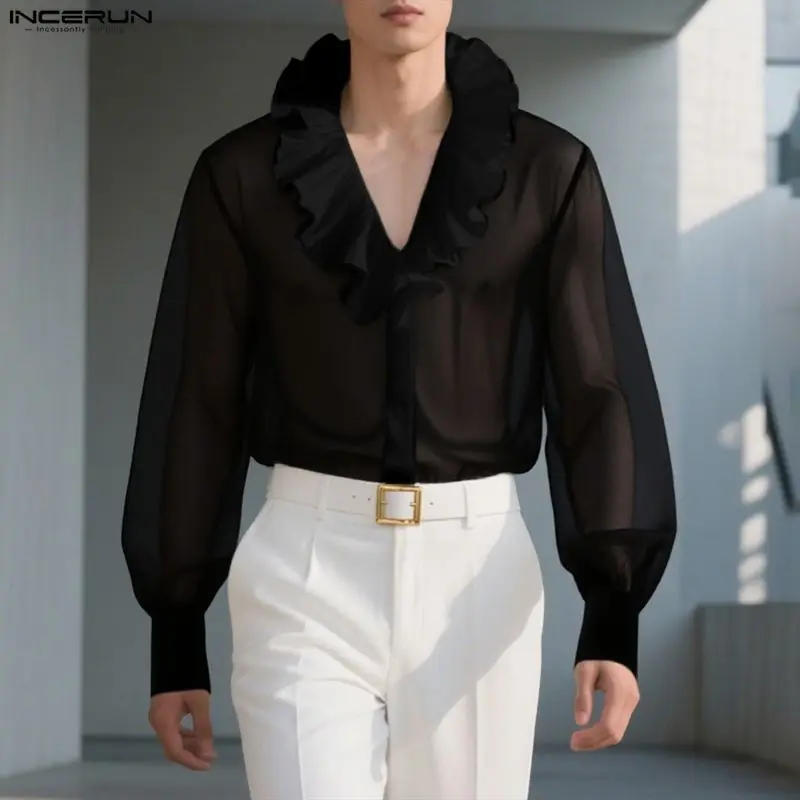 INCERUN Men Shirt Solid Color Ruffle V Neck Long Sleeve Casual Men Clothing Streetwear Loose Fashion Tops See Through Shirts