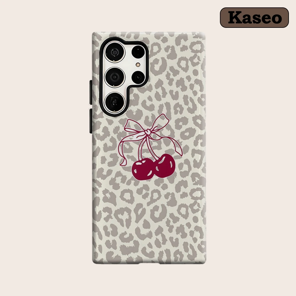 Kaseo Phone Case for Samsung Galaxy S26 S25 Ultra S24 S23 Ultra Plus Shockproof Double Layer Leopard Background Cherry Bow Cover
