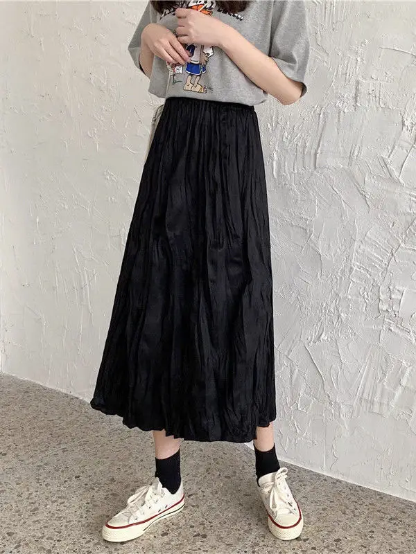 Spring Summer New Style Women's Midi A-Line Skirt Pleated Skirts Elegant Long Skirts Korean Style High Waist Elastic Waist
