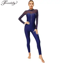 Women Figure Skating Jumpsuit Ballet Dance Gymnastics Acrobatics Performance Leotard Long Sleeve Rhinestone Sheer Mesh Bodysuit