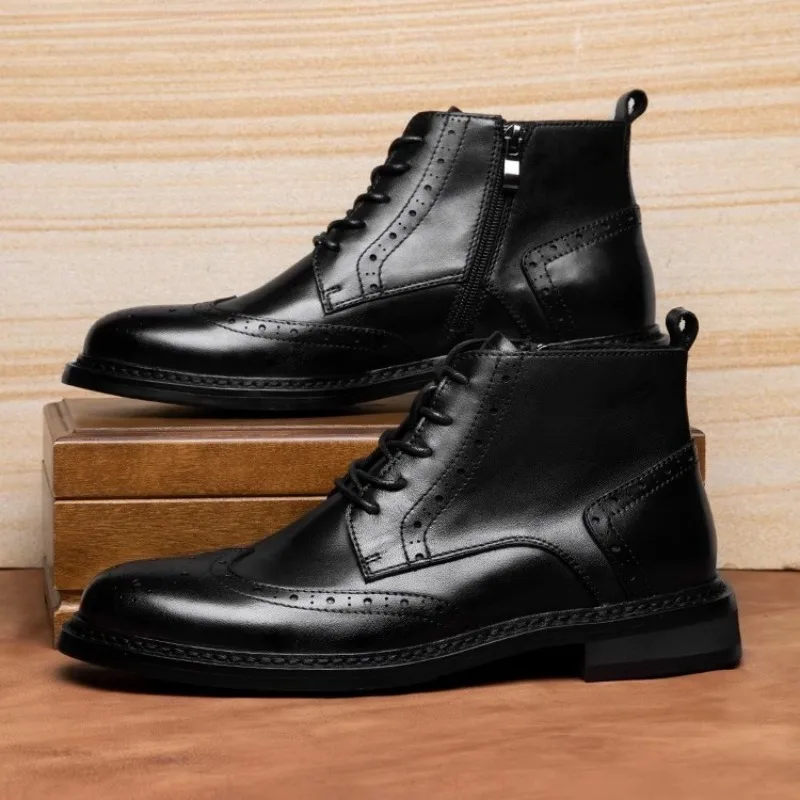 

British Cowhide Brogue Carved Genuine Leather Chelsea Boots Men's Shoes High Top Business Casual Handmade Zipper Ankle Boots