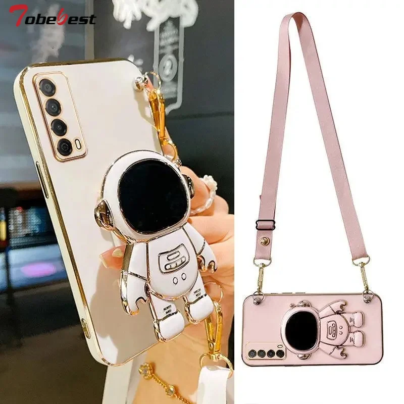 Crossbody Lanyard Astronaut Bracket Plating Case for Huawei P smart 2021 Y7a Coque Silicone Cover