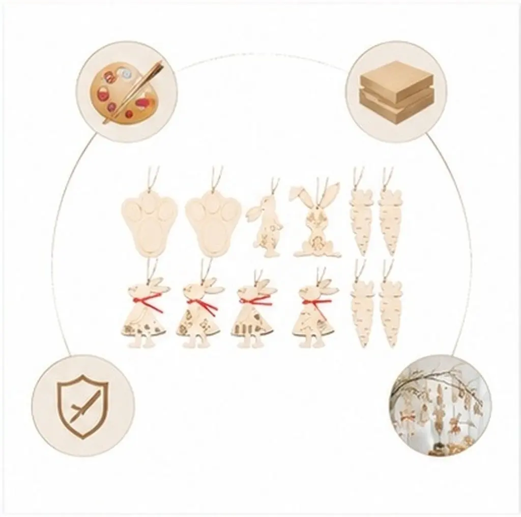 12Pcs Hand-Paintable Wooden Easter Ornaments Bunny Carrot Shape Unfinished Hanging Decor for DIY Spring Festive Home Wall Window