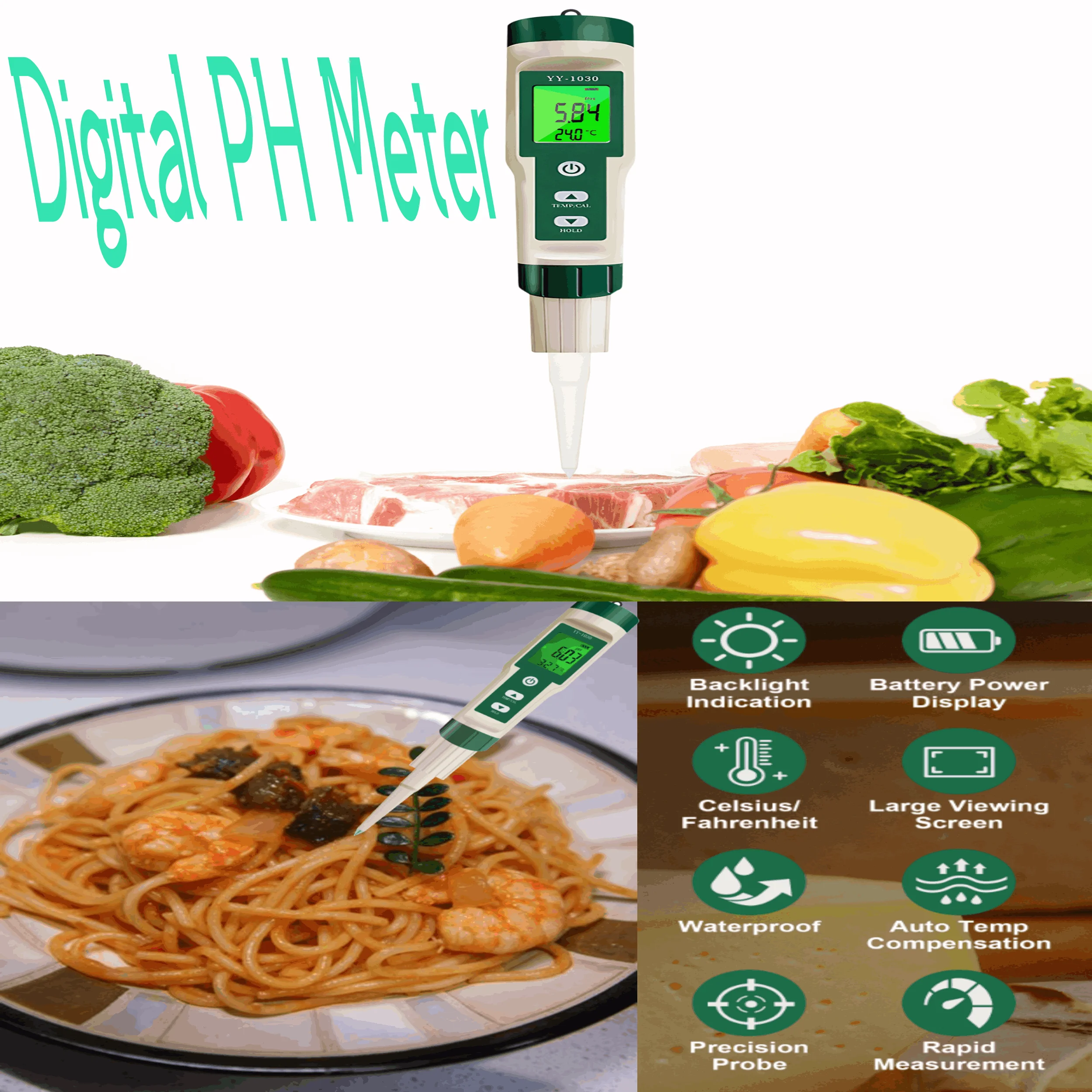 Digital Food pH Meter with Precision Sensor & HD LCD, Temp Acidity Tester for Bread Meat Cheese Brewing & Canning & Home Kitchen