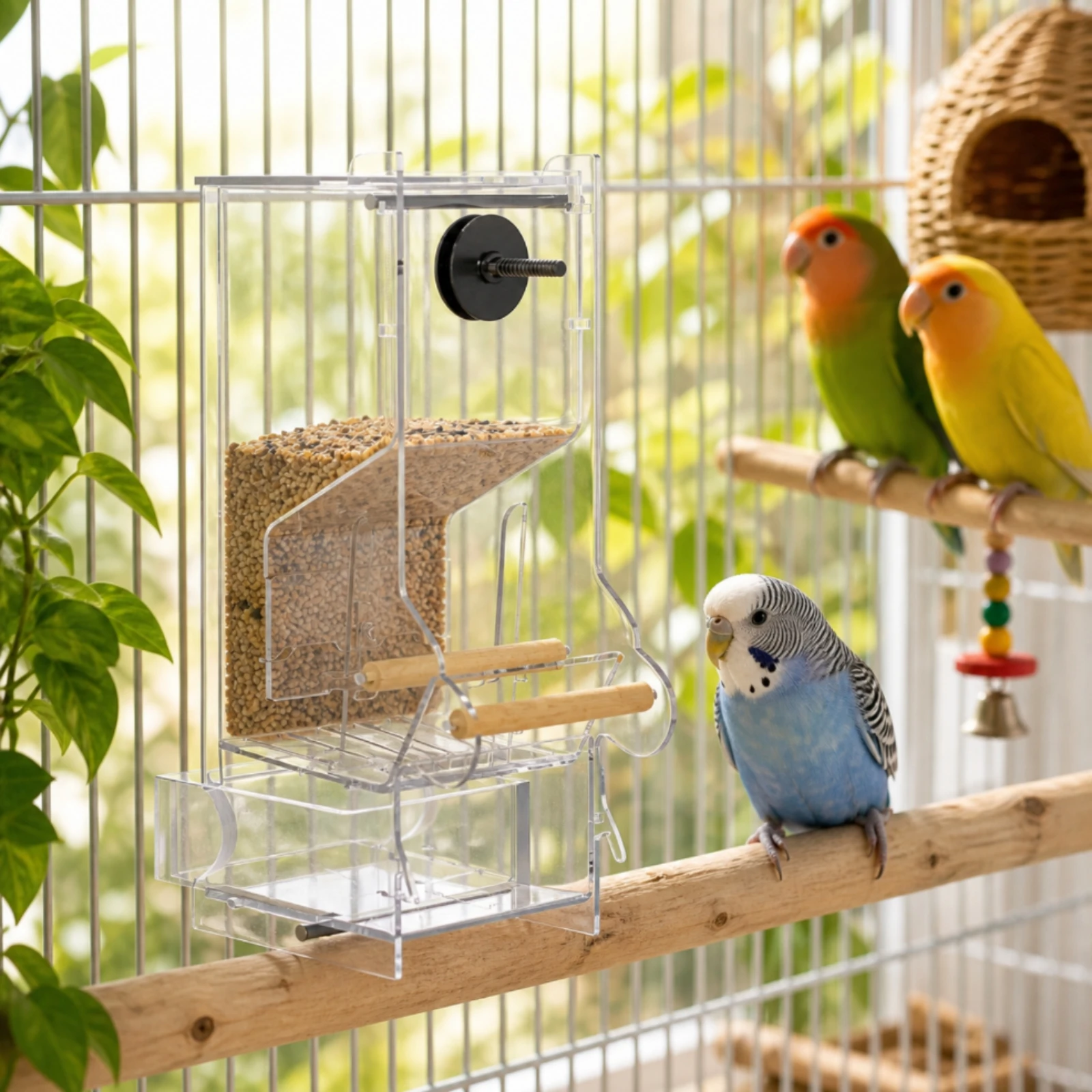 Small Acrylic Bird Feeder with Feed Control Mechanism Sturdy Transparent Acrylic Bird Feeder with Perch Rods Space-Saving view 6
