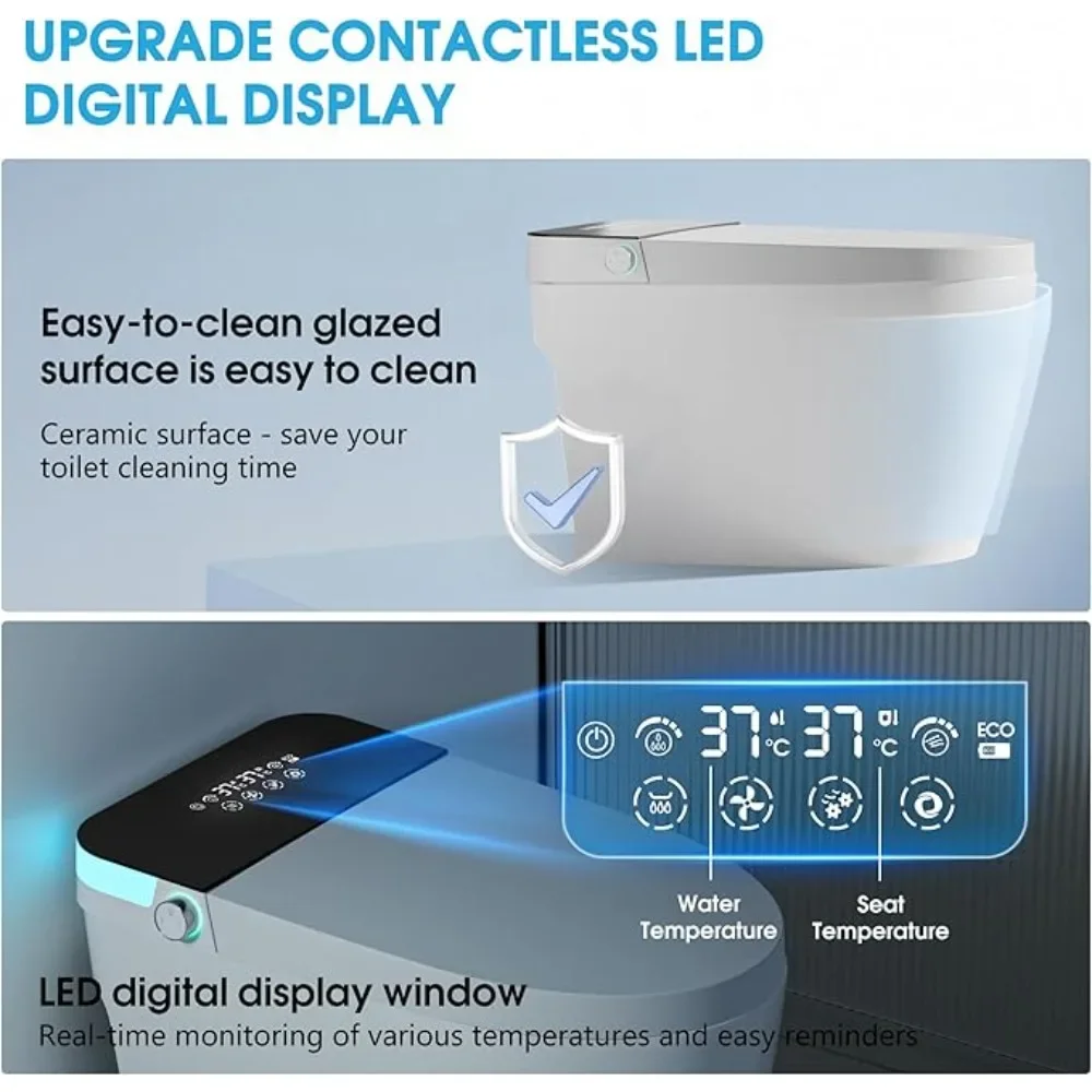 Smart Toilet Warm Water Sprayer and Dryer Foot Sensor Operation Heated Bidet Seat ＆ LED Display Bidet Toilet