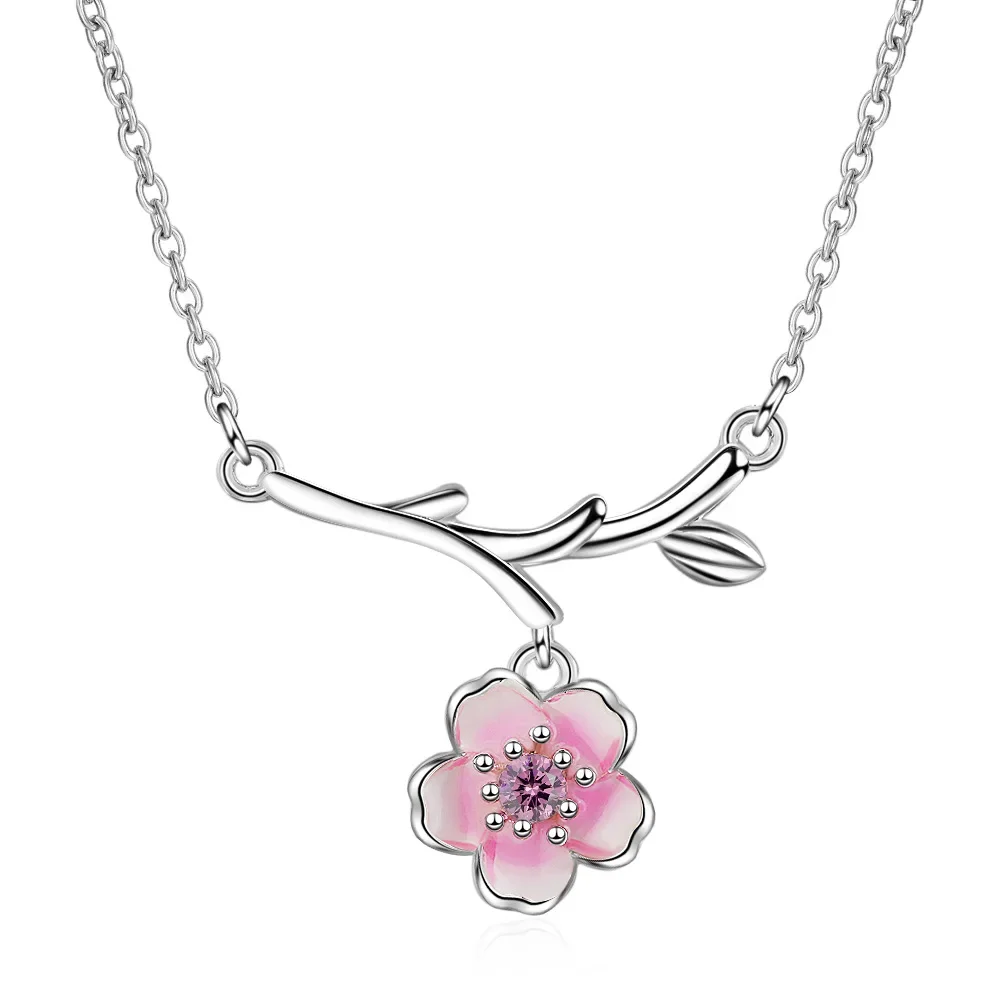 S925 Sterling Silver Women's Pink Cherry Blossom Branch Pendant Necklace (40cm+3.5cm) Luxury Jewelry