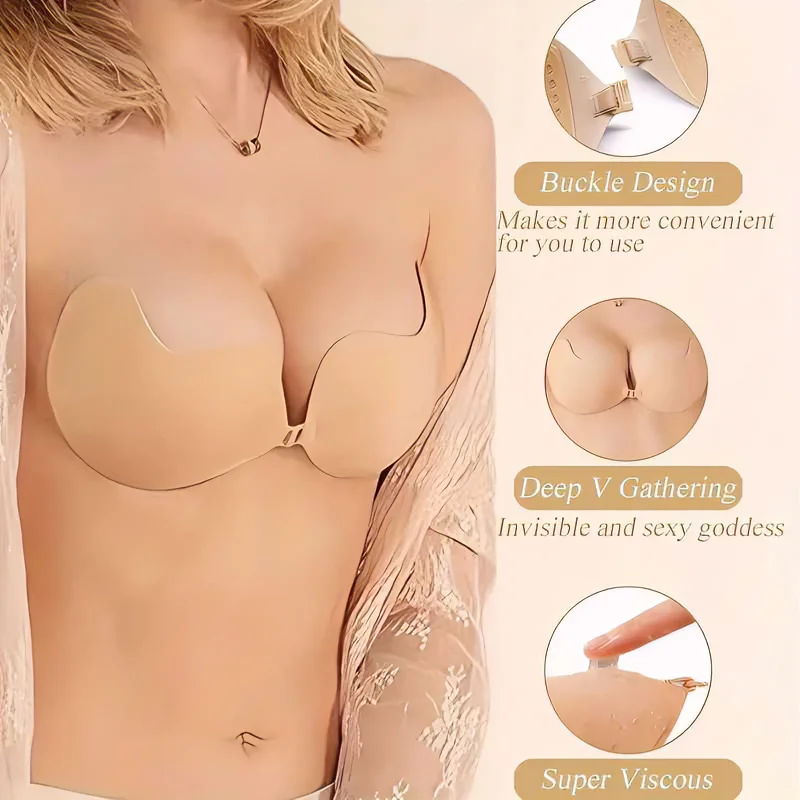 2 Pairs of Invisible Gathered Adhesive Patches  Backless And Strapless Seamless Silicone Nipple Covers  for Women'S Underwear view 2