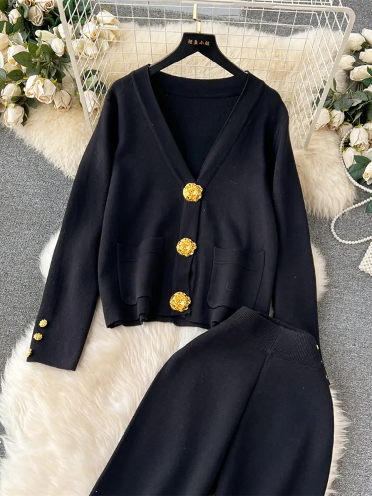 Fashion Knitted Women Suits Single Breasted Gold Button V Neck Cardigan+Wide Legs Long Pants Autumn Winter Loose Sweater Sets