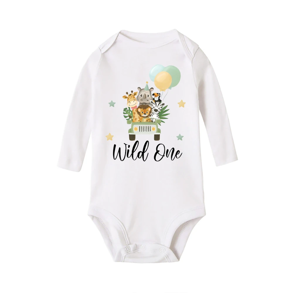 Wild One&Animal Print Baby Bodysuit Casual Long Sleeve Infant Jumpsuti Baby‘s First Birthday Boy Newborn Romper Clothes