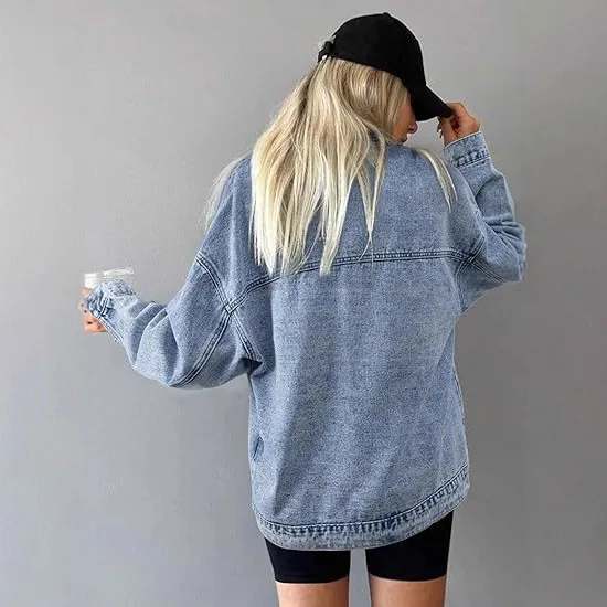 Women Denim Coats Full Sleeve Vintage Washed Turn Down Collar Jackets Single Breasted Y2k Streetwear Work Casual Splice Pockets