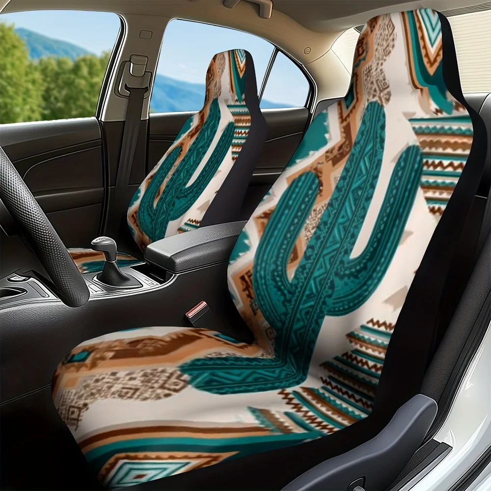 2pcs Cactus Aztec Style Decorative Car Seat Covers - Soft Washable Polyester, Universal Fit For SUV, Sedan, Truck, Modern Elegan