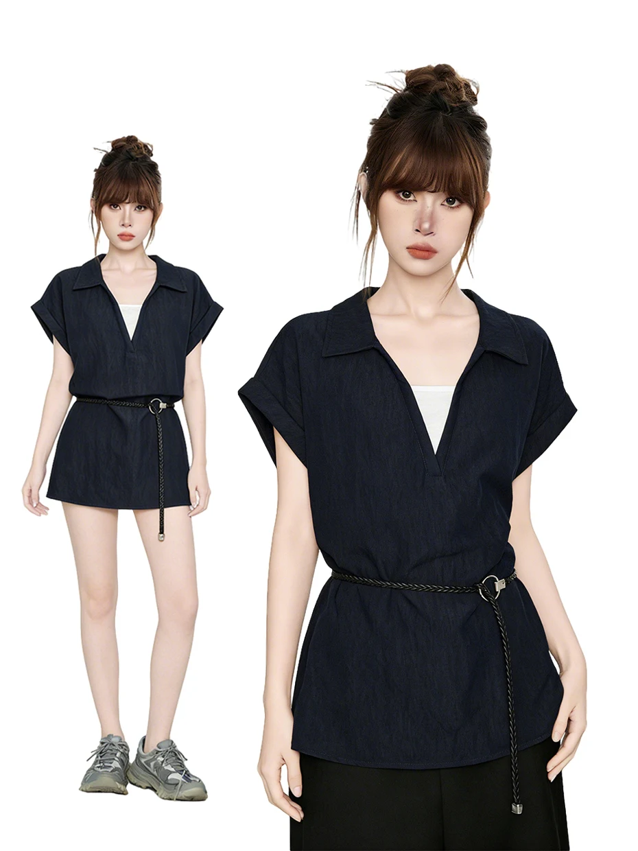 

Women's Denim Short Sleeve Shirt Waist Cinching Patchwork Layering Top Spring Summer New Style Commute Style Loose Fit