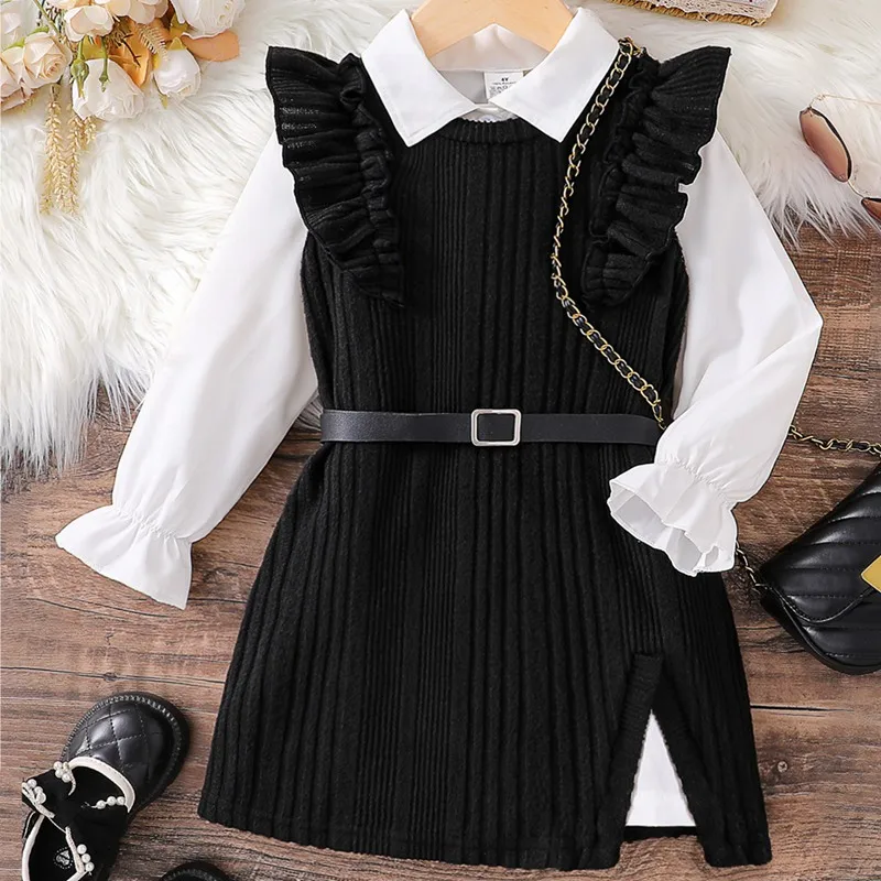 

Child Girls 2Pcs Clothes Set Spring Fall Long-Sleeve Shirt + Slit Knit Vest Dress Suit, Belted Waist, Black School Party Outfits