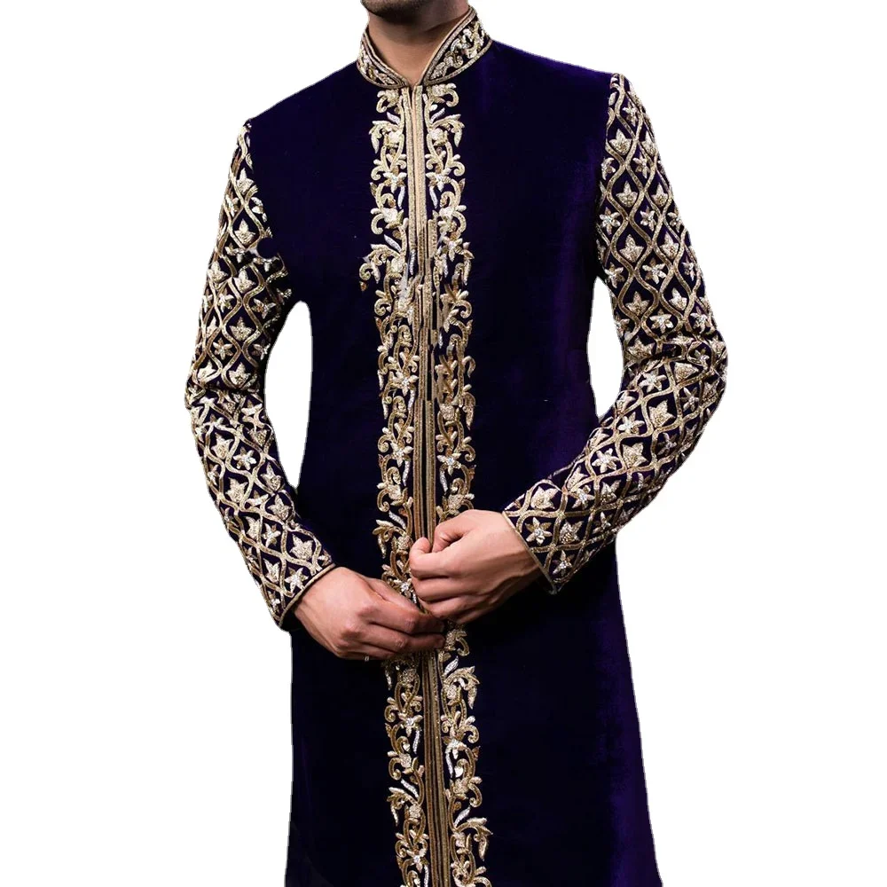 Ethnic Print Stand Collar Youth Middle-Long Shirt Coat Arabic Muslim Mens Clothing Turkish Store Clothes Men Muslim Fashion