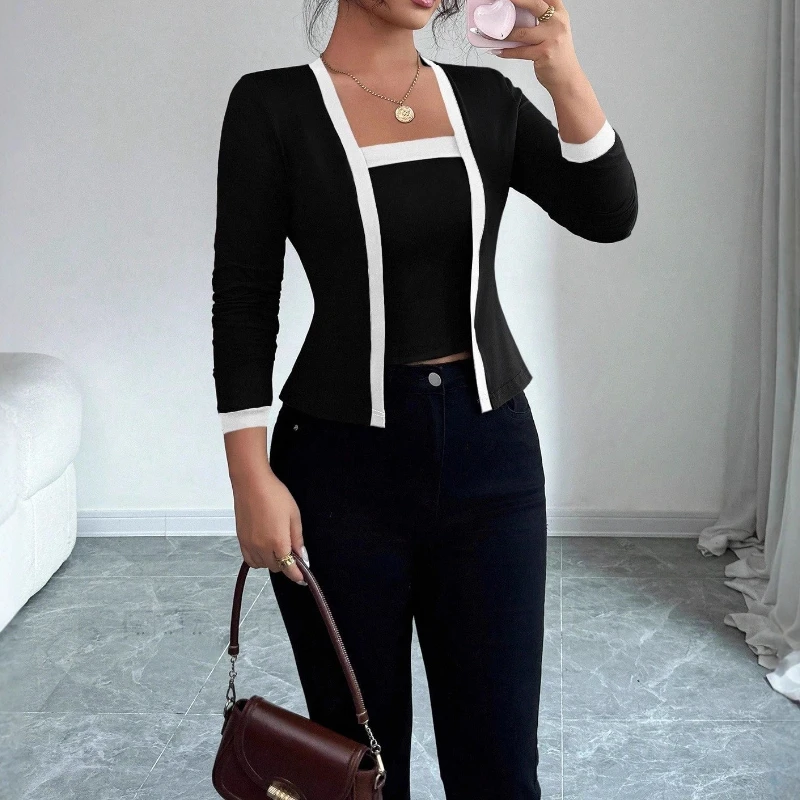 

2025 Autumn New Women's Knitted Patchwork Elegant Cardigan Jacket and Vest Two-piece Top