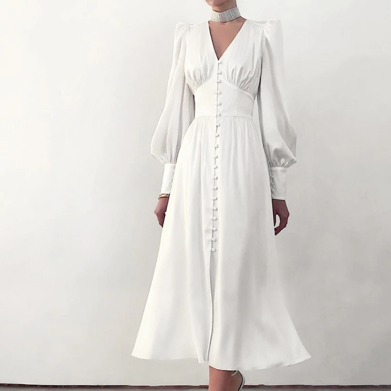 Fashion V Neck Elegant Court Vintage Front Button Midi Dress Satin Party Lantern Long Sleeve Chice Female Solid Vertidos 2025