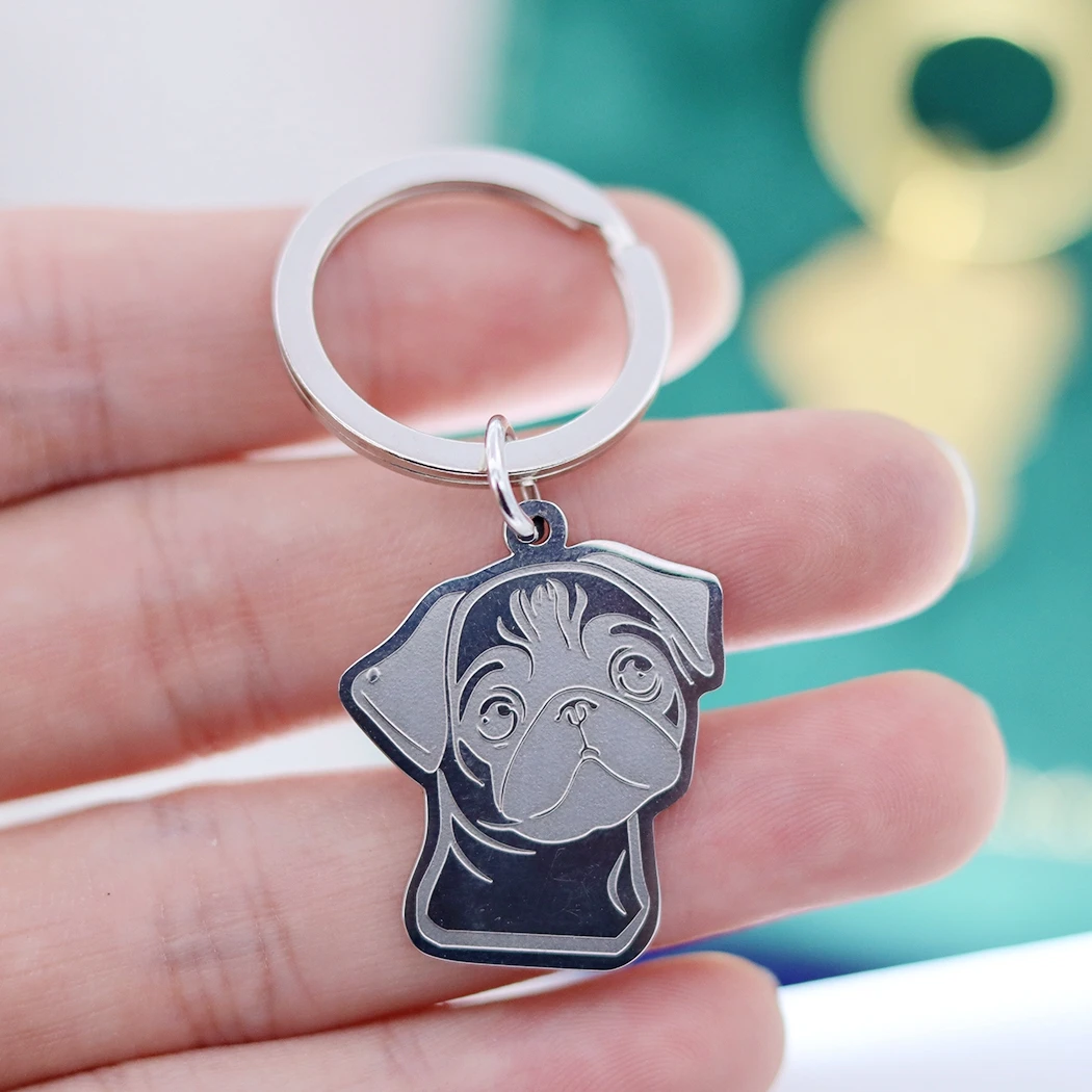 Cartoon Pet Lucky Charms Cute Pug Dog Kids Gifts DIY Craft Keychain for Women Men Jewelry Deco Stainless Steel Metal Accessories