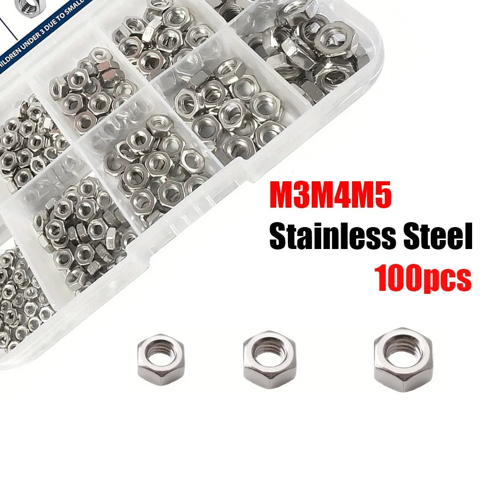 100-teiliges Sechskantmuttern-Set aus Edelstahl, M3, M4, M5, Vollgewindemuttern