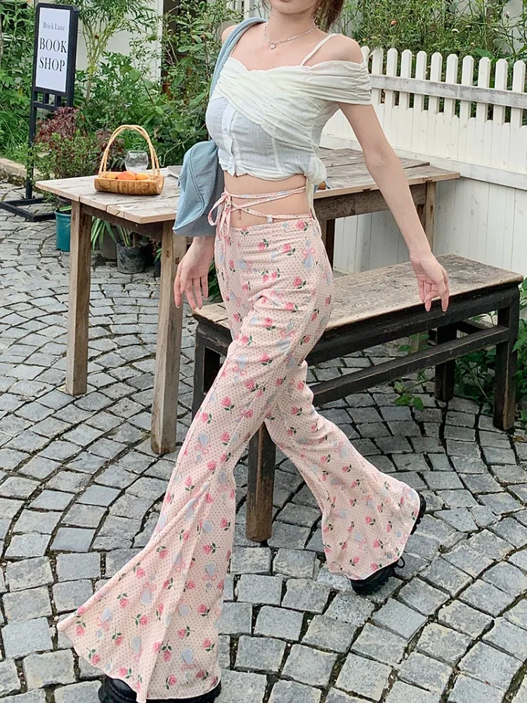 

2024 New Summer Y2k Style Long Pants for Women Spicy Girls Flower Printed Pink Trouses Chic High Waist Slim Flare Pantalones