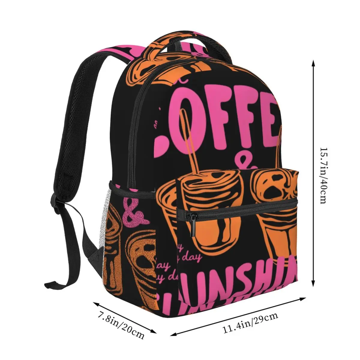 Sweet Snack Student Backpack Center Iced Coffee Cup Retro Coffee Lettering Pink Orange White Casual Daypack for College Travel