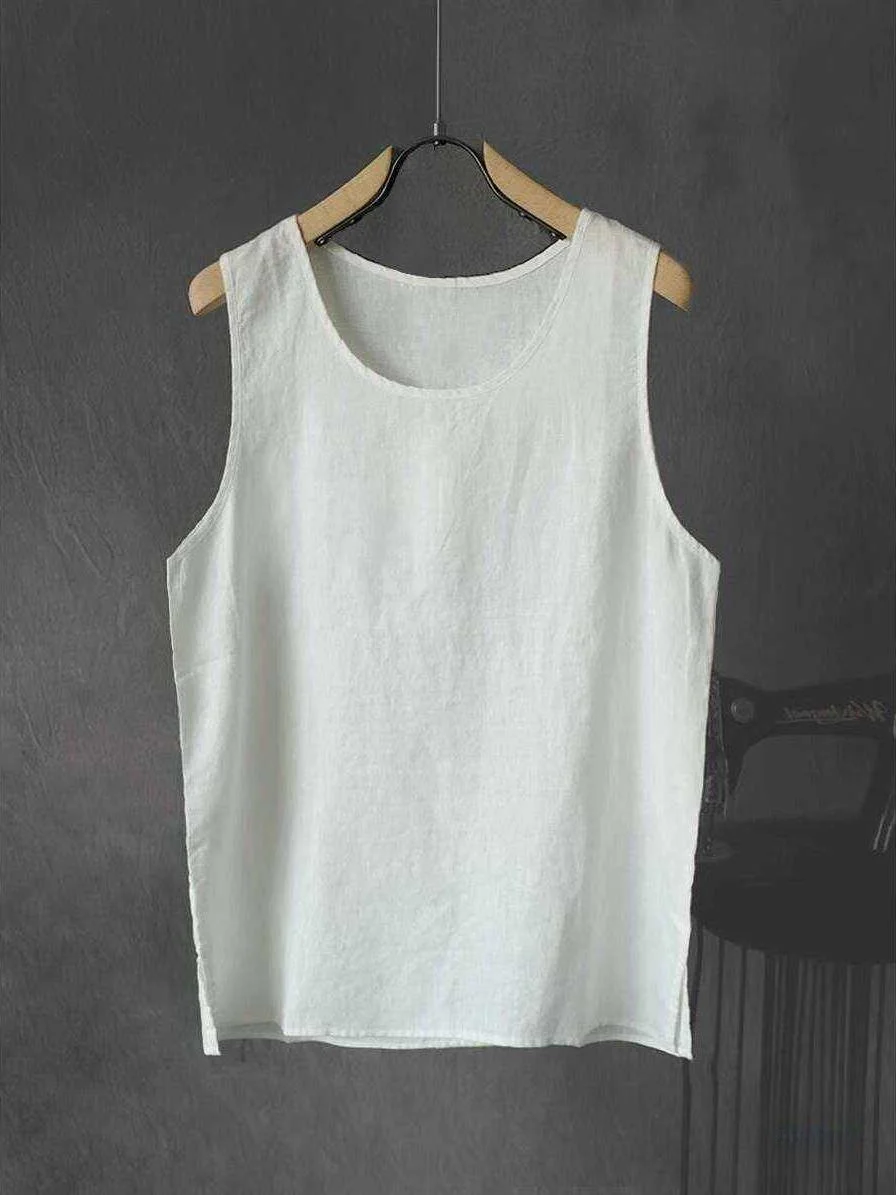 Loose Men's Linen Sleeveless Summer Vest Washed Pure Color Trendy T-Shirt City Walk Breathable Moisture Wicking Thin Shirt