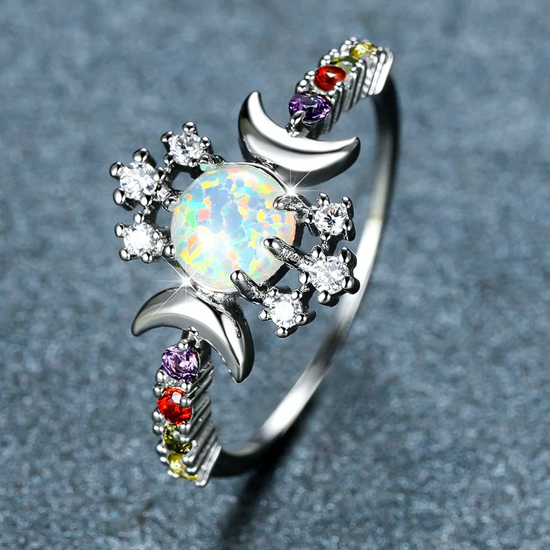 2026 New Personalized Platinum Round White Australia Treasure Face Double Moon Edge Set with Zircon Versatile Ring Wholesale