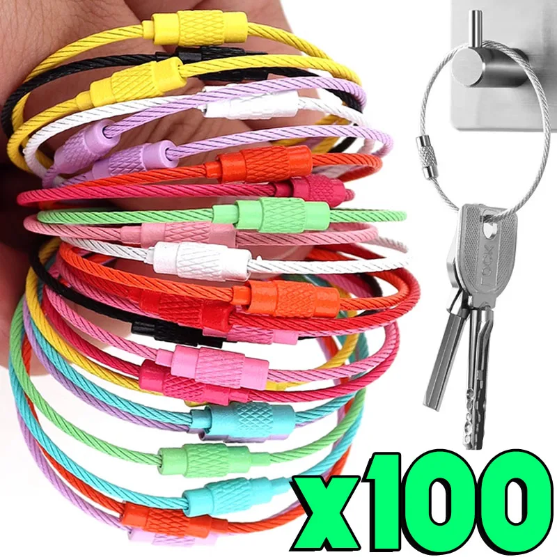 10/100PCS Colorful Stainless Steel Wire Keychain Cable Loop Screw Lock Rope Key Holder Keyring Key Chain Rings Outdoor Tools