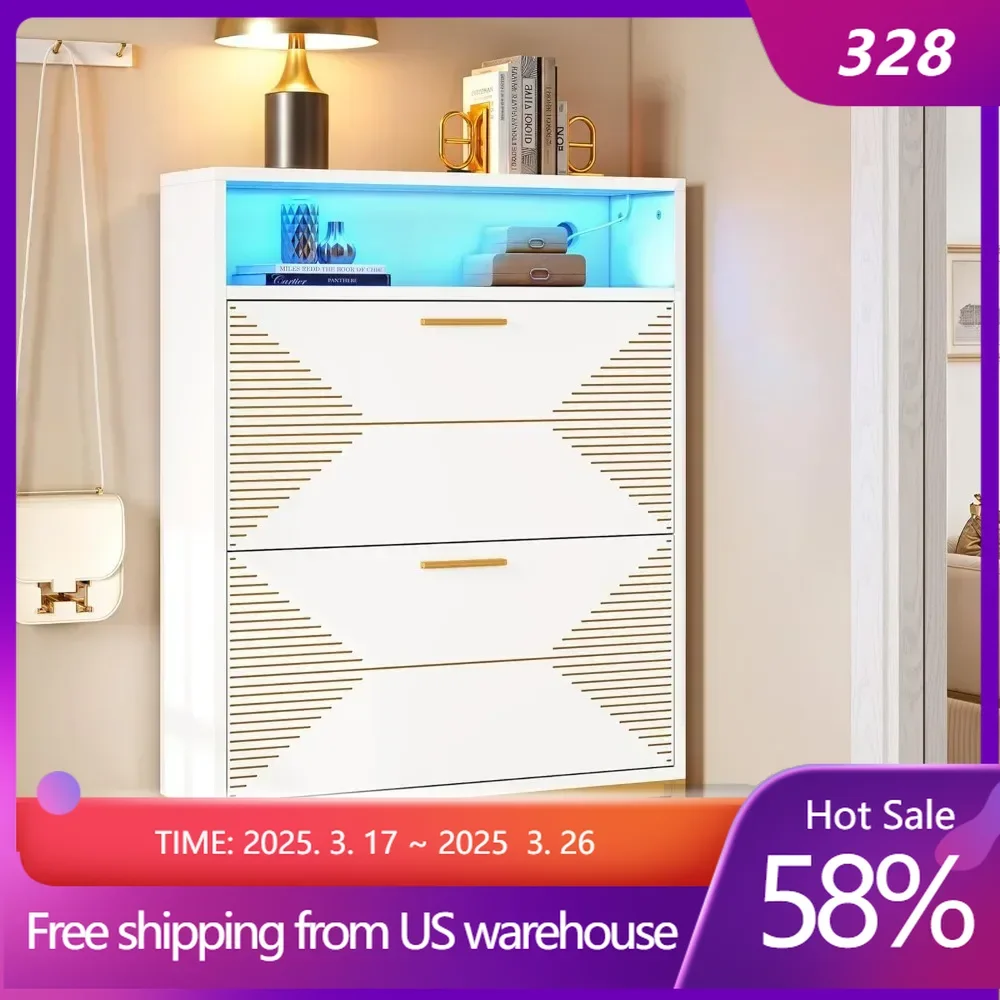 Shoe Cabinet,Modern Free Standing Tipping Bucket Rack Organizer with 2 Flip Drawers&LED Lights, Shoe Storage