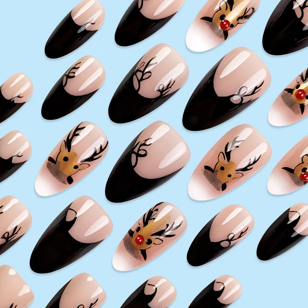 Faux ongles courts à pression de noël en amande, 24 pièces, strass, vacances, colle sur couverture complète, ongles artificiels pour femmes