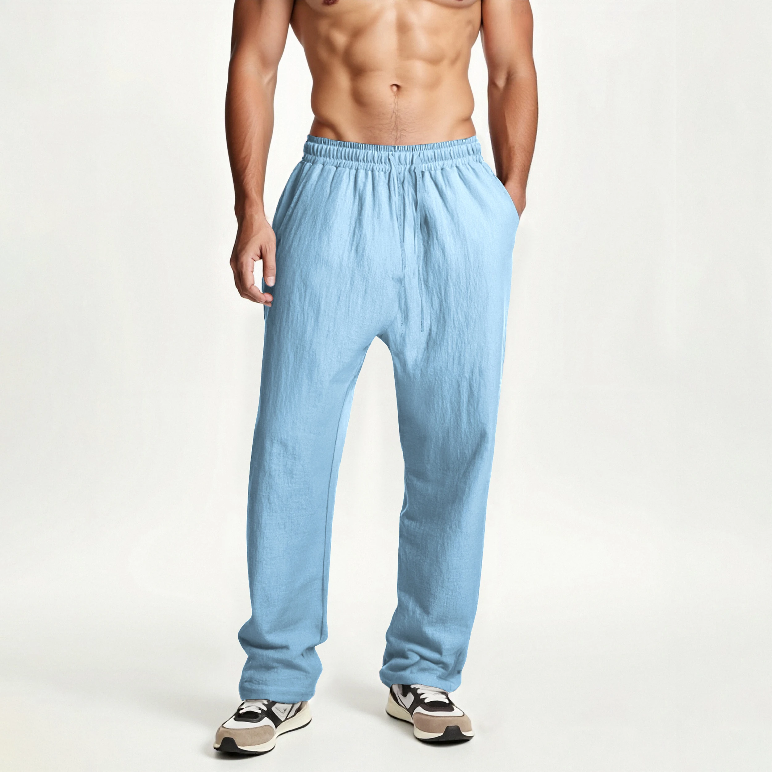 Men's summer solid color cotton and linen lace-up trousers with pockets fashionable and versatile casual men's trousers